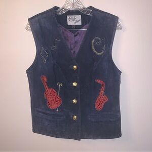 Vintage Suede Leather Blue Vest with Red Musical Embroidery